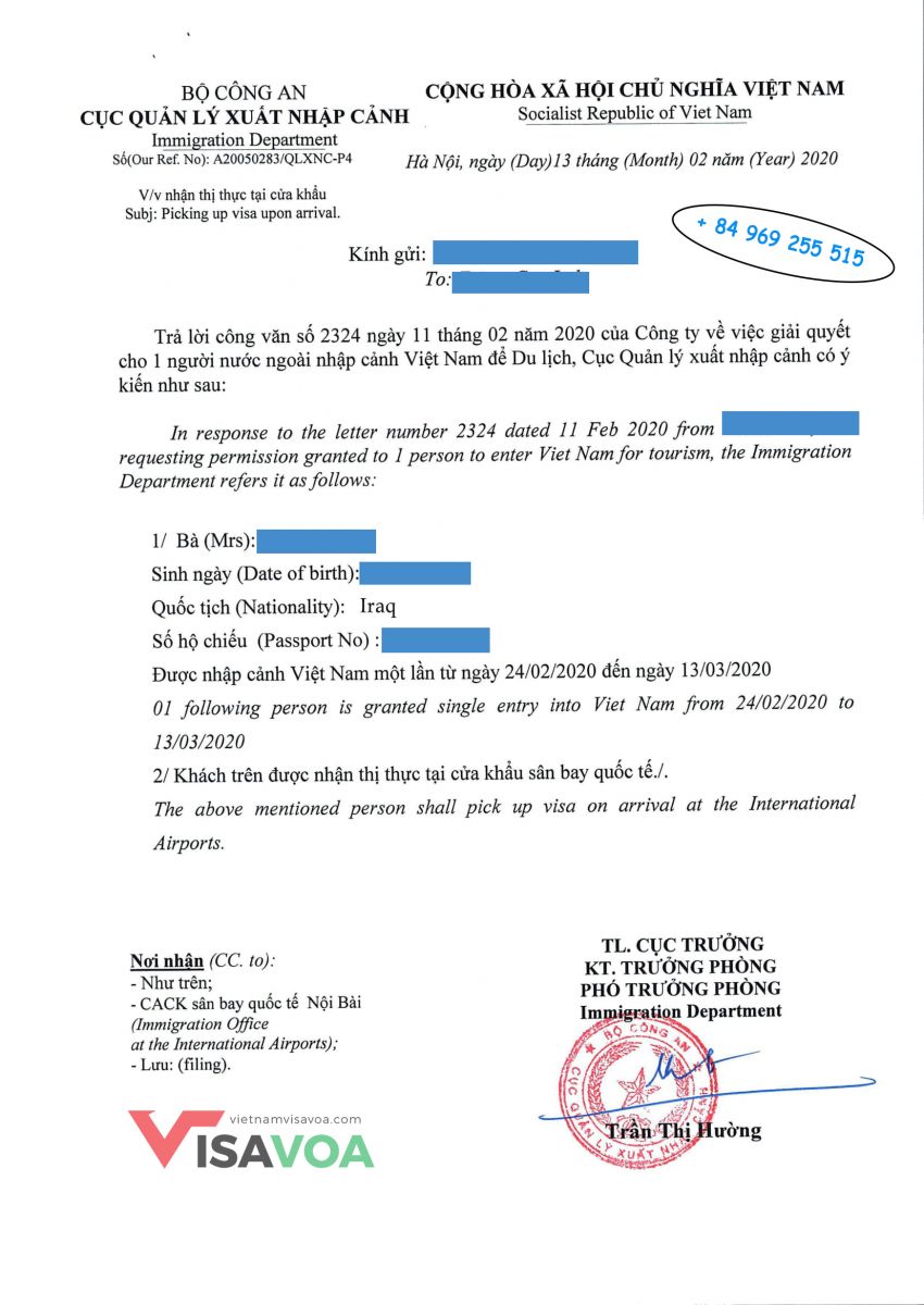 Vietnam visa letter for Iraqi citizens 