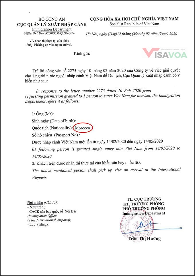 Vietnam visa letter for citizens from Morocco 